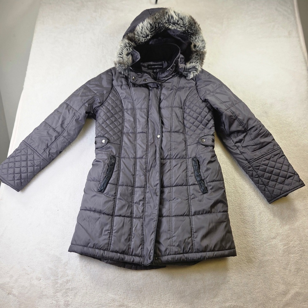 KC Collections Women Grey Quilted Puffer Jacket Fleece Lined Full Zip Size M